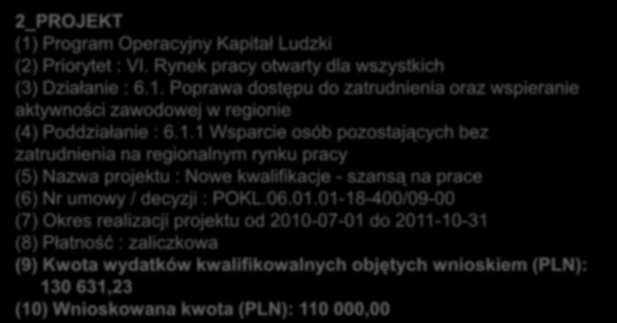 2_PROJEKT (1) Program Operacyjny Kapitał Ludzki (2) Priorytet : VI. Rynek pracy otwarty dla wszystkich (3) Działanie : 6.1. Poprawa dostępu do zatrudnienia oraz wspieranie aktywności zawodowej w regionie (4) Poddziałanie : 6.