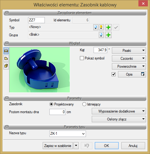 Dla danego obiektu (dotyczy to wszystkich obiektów w programie) możemy za pomocą przycisków w oknie obiektu ustawić jego funkcje edycyjne bądź edytować specyfikacje obiektu i opisy w formie tabel.