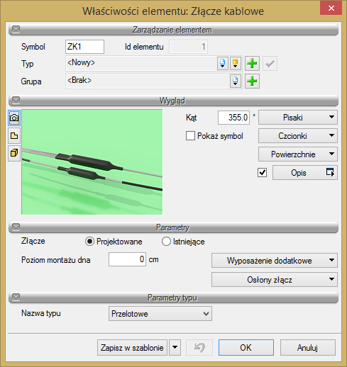 Dla danego obiektu (dotyczy to wszystkich obiektów w programie) możemy za pomocą przycisków w oknie obiektu ustawić jego funkcje edycyjne bądź edytować specyfikacje obiektu i opisy w formie tabel.