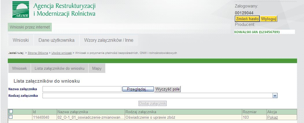 Dodanie załączników do wniosku Po dodaniu załącznika i wyborze rodzaju załącznika należy użyd przycisku dodaj załącznik.