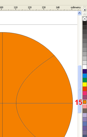 Ponownie zaznacz narysowaną piłkę i z palety kolorów wybierz kolor pomarańczowy (15). Cała piłka będzie kolorowa. Zapisz projekt (Ctrl+S) pod nazwą pilka.cdr.