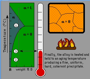 Step 3: Aging The supersaturated alloy is now heated again below the solvus line to allow the excess atoms