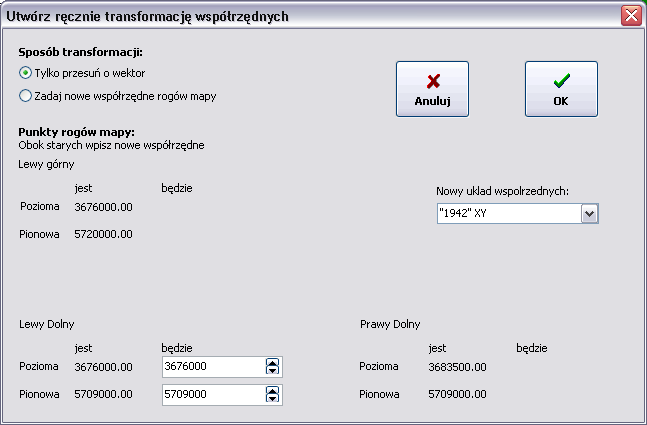 Najpierw należy wybrać czy dokonujemy tylko przesunięcia mapy o wektor, czy bardziej złożonej transformacji. Wykonuje się to poprzez wybór odpowiedniej opcji w lewym górnym rogu okna dialogowego.