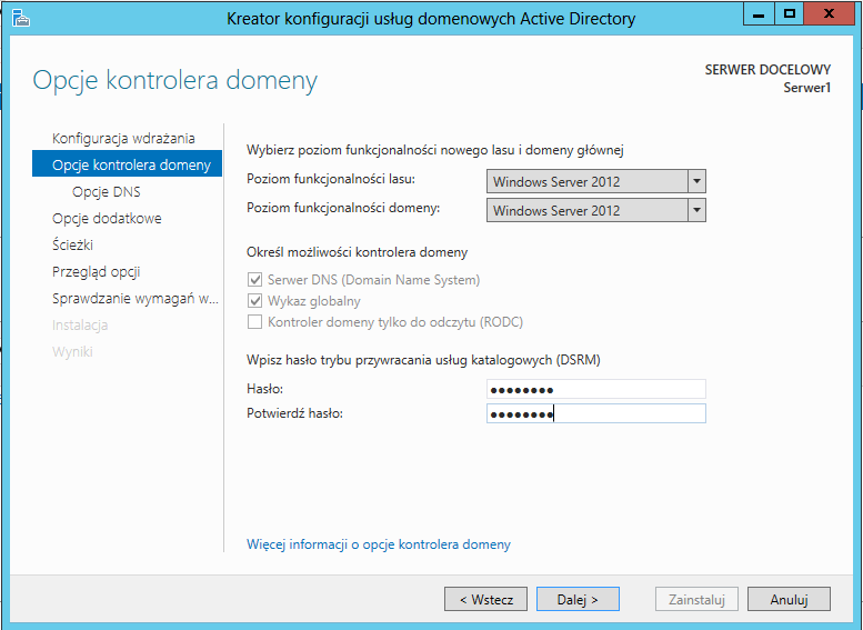 8. W nastopnym kroku określamy poziom funkcjonalności lasu oraz domeny. Jeżeli w sieci nie będziemy mieć starszych systemów niż Windows 7 spokojnie można wybrać Windows 2012.