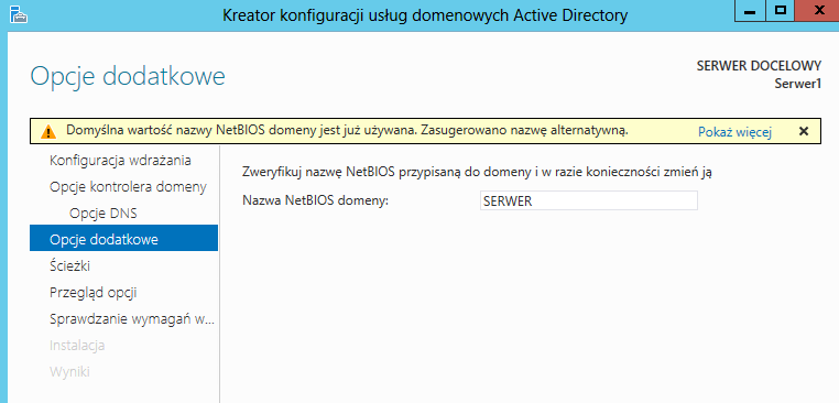 9. Przy opcjach DNS pojawi się komunikat, że nie mamy poprawnie skonfigurowanego serwera DNS.