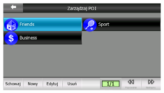 Ponowne naciśnięcie podświetlonej grupy POI (za wyjątkiem Moje POI opisanej później) otwiera listę podkategorii tej grupy.