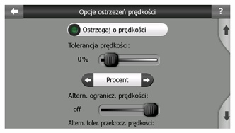 5.1.5 Ostrzegaj o prędkości Mapy mogą zawierać informacje o ograniczeniach prędkości poszczególnych odcinków drogi.