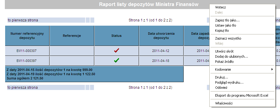 Raport listy depozytów Ministra Finansów Raport można wydrukować naciskając