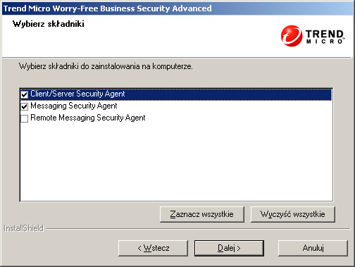 Instalowanie serwera RYSUNEK 3-16. Ekran Wybór składników 20. Wybierz jedną znastępujących opcji: Client/Server Security Agent: agent chroniący komputery/serwery.