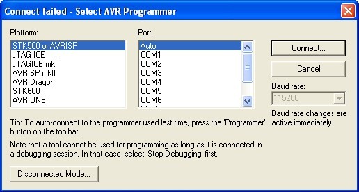 6. Programowanie w środowisku AVR Studio Jeżeli nie ma innych programatorów podłączonych do komputera, po kliknięciu w ikonę AVR na pasku zadań