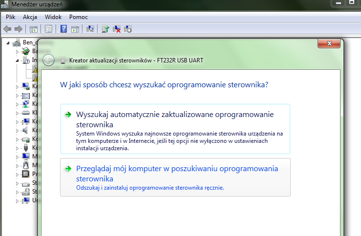 -sprzęt o nazwie FT232R USB UART to wykryty lecz jeszcze nie zainstalowany poprawnie interfejs LPG - w celu dalszej instalacji klikamy prawym przyciskiem na wybrane urządzenie FT232R USB UART i