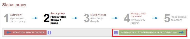 Rys. 7. Archiwum Prac Dyplomowych - przesyłanie pliku zakończone powodzeniem Aby ukończyć przesyłanie pliku z treścią pracy, należy powrócić na stronę pracy dyplomowej (wybierając ).
