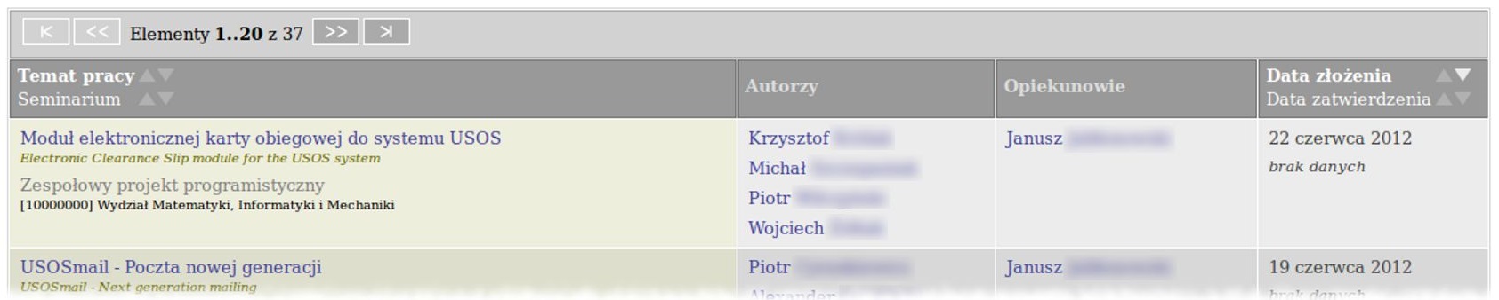 2.4 Strona z informacjami o pracy Rysunek 2.5: Lista wyników zaawansowanego wyszukiwania prac Rysunek 2.6: Przeglądanie katalogu za pomocą filtrowanej tabeli prac 2.