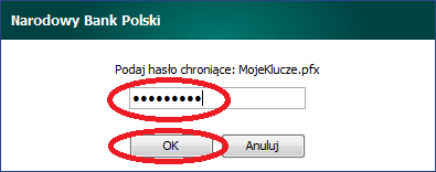 7. Następnie należy podać hasło chroniące plik z rozszerzeniem pfx wskazany w poprzednim kroku i zatwierdzić je przyciskiem OK. 8.