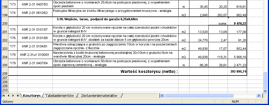 rys. 20 Uruchomienie kosztorysu zapisanego w formacie pliku EXCEL Oprócz edytowalnego kosztorysu, na dole strony umieszczone są jeszcze dwie zakładki zawierające: Tabelę elementów wykaz kosztów z