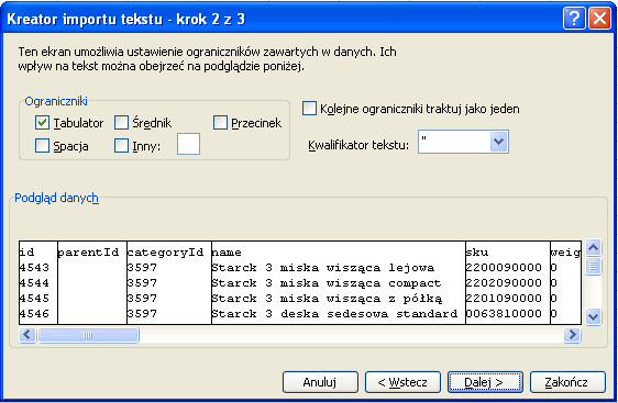 Rys. nr 5. Kreator importu tekstu krok 1. Z rozwijanej listy wybierz 1250: Środkowoeuropejski (Windows), a następnie kliknij Dalej.