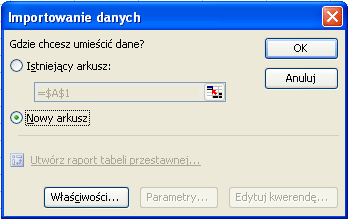 5) W kolejnym oknie Kliknij "Zakończ" Rys. nr 7. Kreator importu tekstu krok 3. Kliknij Zakończ. 6) W nowo otwartym oknie dialogowym zaznacz "Nowy arkusz" i kliknij ok. Rys. nr 8. Importowanie danych.