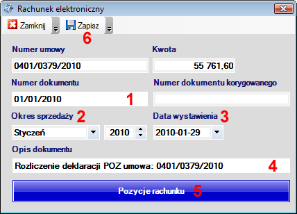 rachunku). W polu Numer dokumentu (1) wprowadzić należy oznaczenie dokumentu (faktury/rachunku) Wartość ta musi być unikalna i zgodna z właściwymi przepisami rachunkowymi.