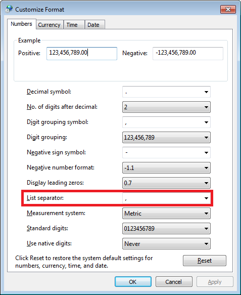 There you'll find "List separator" option which most likely will be set to comma (,).