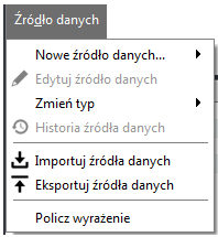 Rysunek 41. Zarządzanie źródłami danych Wszystkie funkcje zostały tu udostępnione: w menu Źródło danych oraz w formie ikon funkcyjnych. 2.2.1 Źródło danych Menu Źródło danych ( zob.