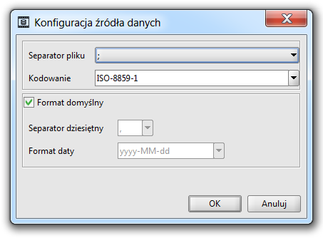 o I o <TAB> sposobu kodowania znaków: o ISO 8859-1 o ISO-8859-2 o Windows-1250 o UTF-8 o UTF-16 o US-ASCII wykorzystywanego separatora dziesiętnego: o, (format domyślny) o.