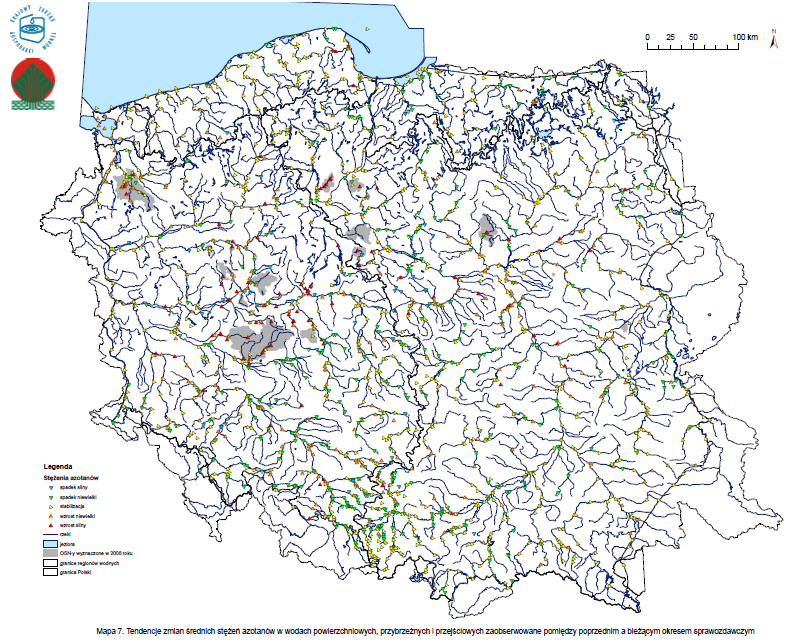 Opracowanie raportu z wdrażania dyrektywy 91/676/EWG (azotanowej) w okresie 2008-2011 Map 7 Trends of change of