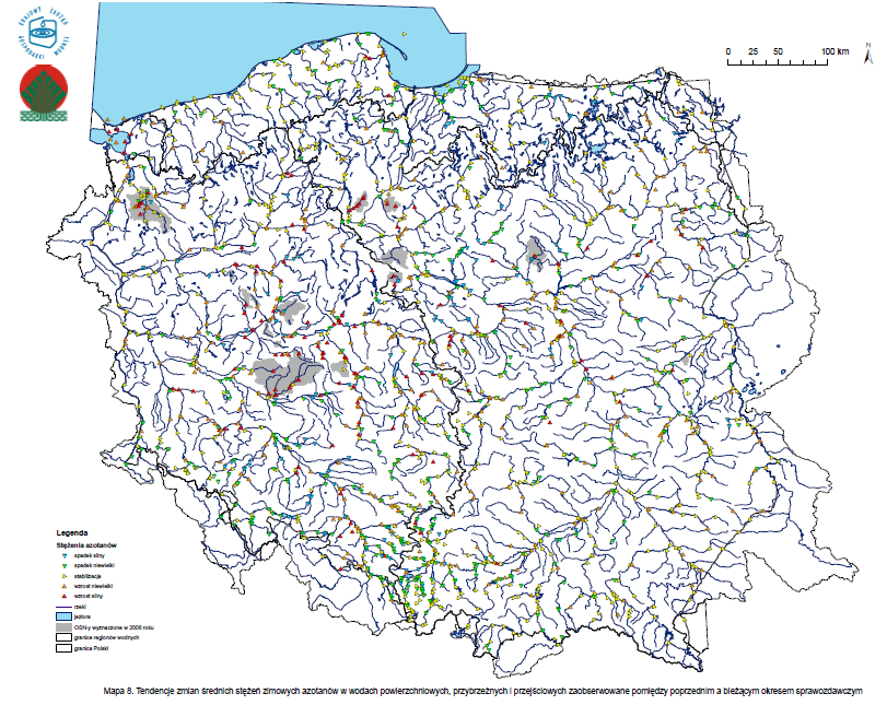 Opracowanie raportu z wdrażania dyrektywy 91/676/EWG (azotanowej) w okresie 2008-2011 Map 8 Trends of change of