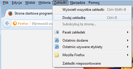 Dodawanie stron do zakładek/ulubionych Aby dodać adres strony do zakładek wybieramy z górnego menu polecenie Zakładki, a następnie polecenie Dodaj zakładkę W otwartym oknie wybieramy przycisk Nowy