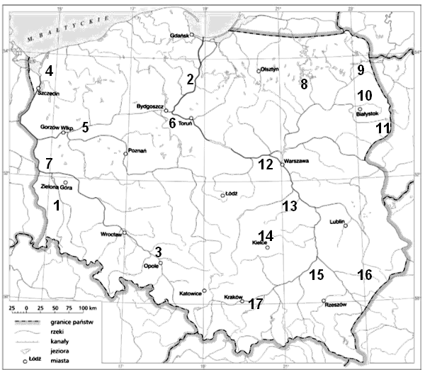 Zadanie 7. [0-4] Na zamieszczonej poniżej mapie zaznaczono wybrane obszary leśne w Polsce. Wpisz w tabeli obok numer obszaru leśnego, oznaczający jego położenie na mapie Polski.