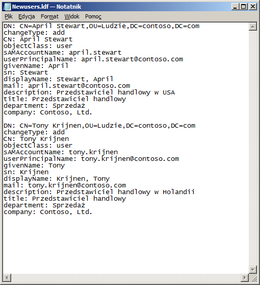 Ćwiczenie 4. Importowanie użytkowników za pomocą LDIFDE Podobnie jak CSVDE, narzędzie LDIFDE też może być wykorzystane do importowania użytkowników.