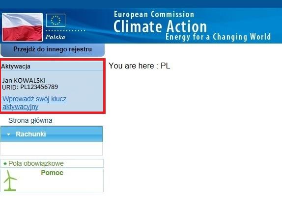 Aktywacja konta w polskiej części Rejestru Unii Po poprawnym ustanowieniu hasła dostępu oraz pierwszym logowaniu, użytkownik powinien wprowadzić w Rejestrze klucz aktywacyjny (przesłany listem