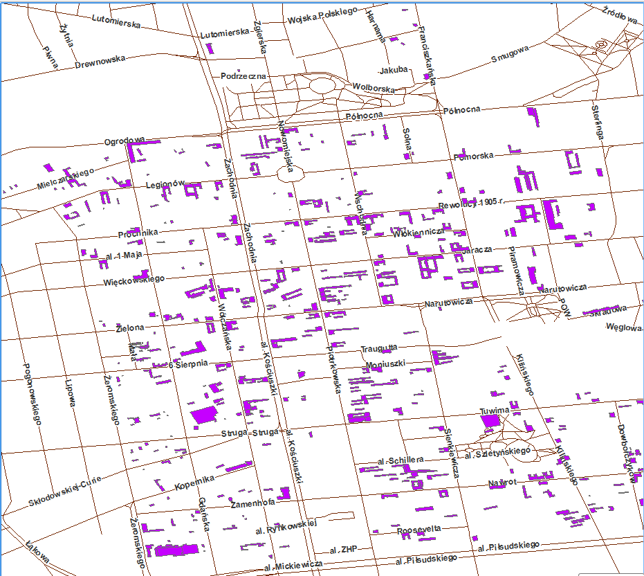 Strona7 Mapa Rozmieszczenie geograficzne budynków nieużytkowanych Źródło: Mapa WMS dostarczona przez UMŁ wg danych DTZ, Skala 1:5 500 Największą liczbę całkowicie lub częściowo nieużytkowanych
