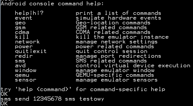 telnet localhost 5554 sms send