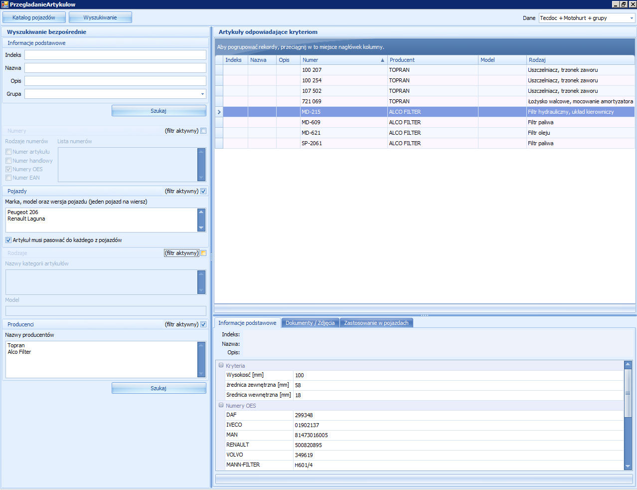 Rys. 10 Wyszukiwanie części pasujących do Peugeot 206 i Renault Laguna wyprodukowanych przez firmę Topran lub Alco Filter.