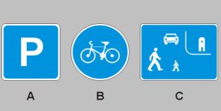 9. Który przedstawionych znaków informuje Ciebie, że możesz urządzić postój np. rowerem lub motorowerem w miejscu do tego celu wyznaczonym? A- znak A, B- znak B, C- znak C. 10.