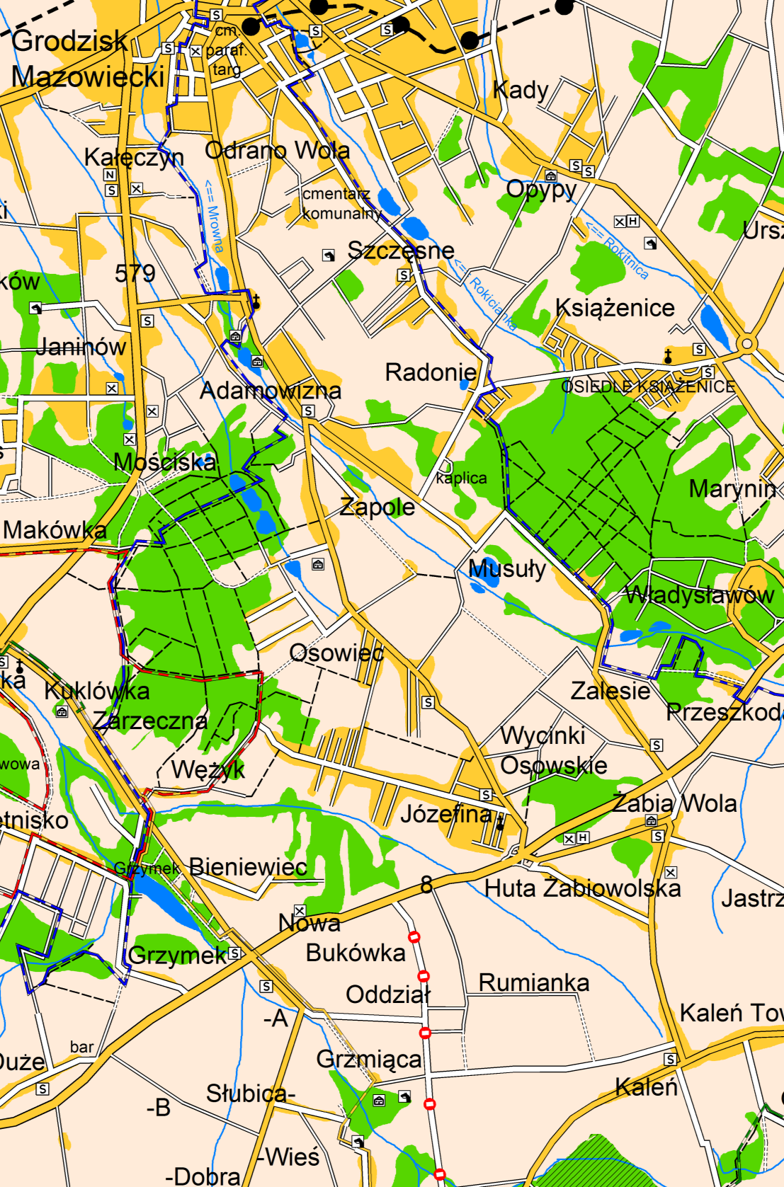 Str. 4 skiej, obok boisk Orlik. Skręcamy w prawo, po niecałym kilometrze w lewo, w ul. Wiejską. Docieramy nią do przejazdu kolejowego przez tor WKD. Do Milanówka jedziemy już według wskazówek ze str.