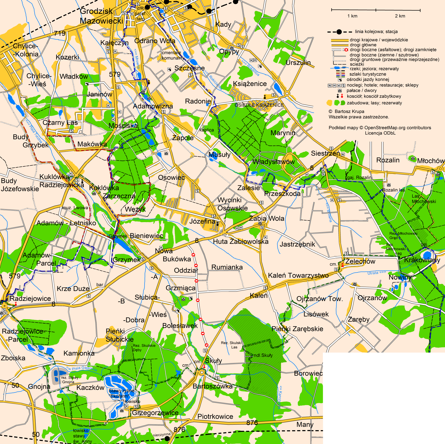 Str. 7 Wokół Ziemi Grodziskiej Odcinek Długość Oznaczenie A 9,9 B 26,8 B1 18,3 C 21,6 C1 18,5 D 15,6 E 9,6 F 7,2 Wariant trasy Pętla wschodnia (skrót B1) Pętla zachodnia (skrót C1) Pętla wschodnia