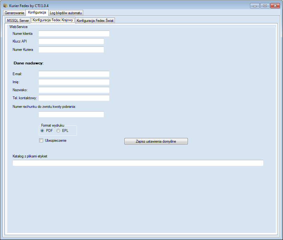 5. Konfiguracja Przed rozpoczęciem pracy z programem należy skonfigurować dane do połączenia z kurierem FedEx.