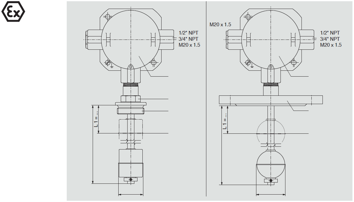 Czujnik kontraktonowy, ochrona przeciwwybuchowa model Ex d, obudowa ognioszczelna, model FLR-S TÜV 13 ATEX 7399 X II 2G Ex d IIC T6 Gb / II 2 D Ex tb IIIC T80 C Db IECEx TUR 09.