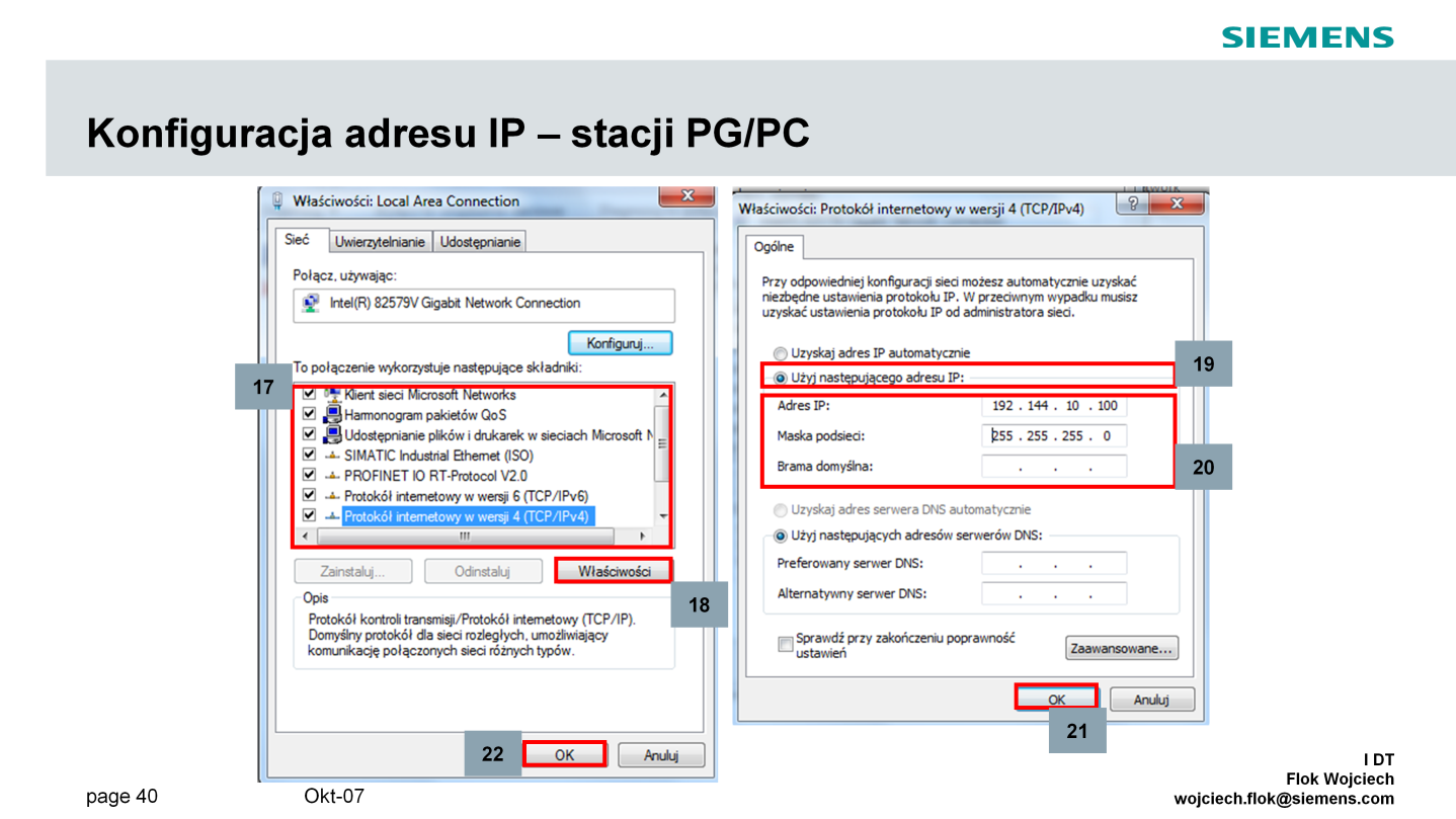 W oknie właściwości sieciowych odszukujemy pole Protokół sieciowy w wersji 4 (TCP/IPv4) (17) a następnie klikamy w przycisk Właściwości (18).