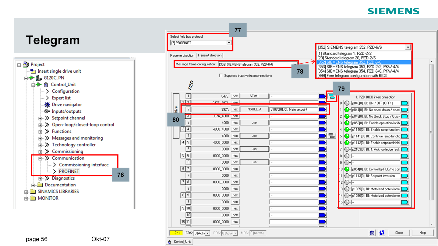 Status oraz konfigurację komunikacji PROFINET przekształtnika częstotliwości SINAMICS G120C można edytować za pomocą polecenia menu PROFINET wybieranego z drzewa projektu (76).