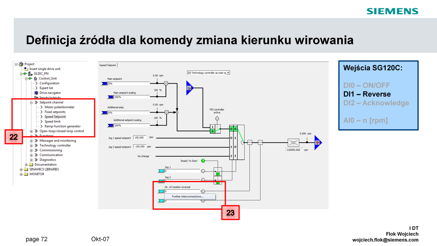 Określenie sygnału cyfrowego wymuszającego zmianę kierunku wirowania silnika możemy wykonać klikając w drzewie projektowym w menu kanał wartości zadanej a następnie wartość zadana