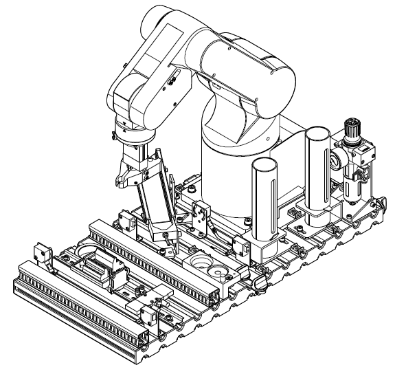 Załącznik nr Działanie modułu: - rozpoznanie detalu, - pobranie detalu przez robota, - określenie orientacji detalu i umieszczenie w gnieździe montażowym, - montaż mini-siłownika - podanie detalu do