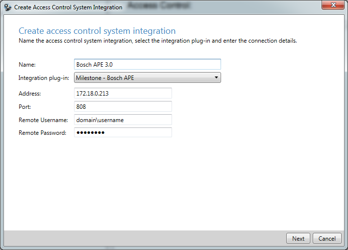 Access PE 3.0 - Integracja z systemem pl 41 Wprowadzić nazwę (np. System Bosch APE 3.0). Wybrać zainstalowany dodatek plug-in (np. Milestone Bosch APE).