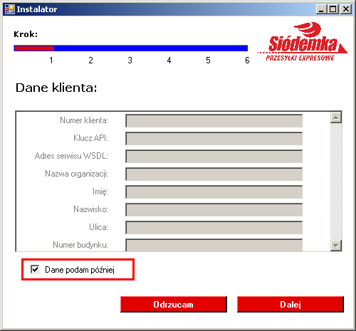 Instalacja aplikacji dane klienta Po uruchomieniu instalatora pojawi się okno dane klienta jeśli użytkownik w chwili instalacji posiada wszystkie dane klienta w systemie Siódemka prosimy je uzupełnić