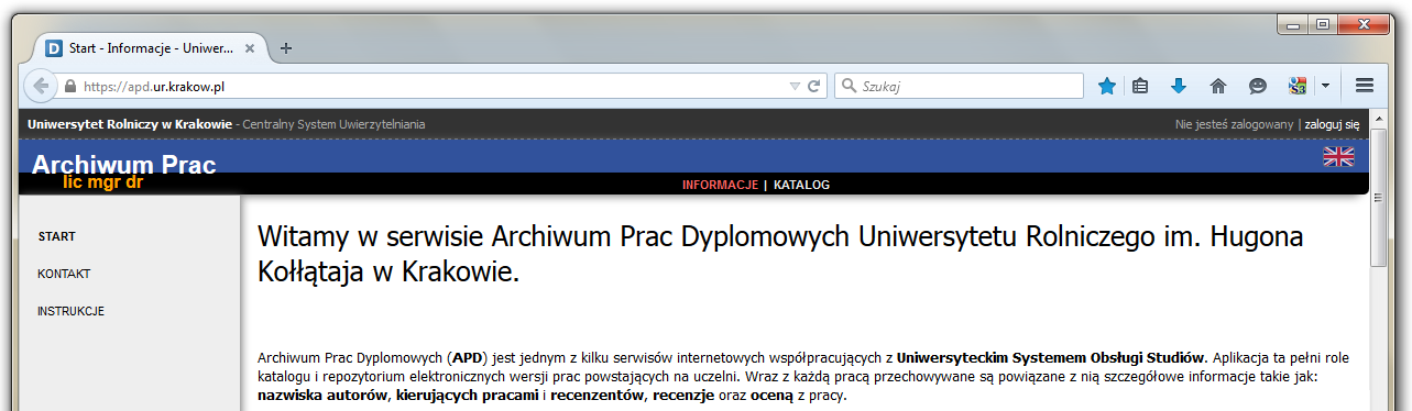 Archwzacja pracy dyplomowej Po rejestracj pracy dyplomowej w dzekanace, student uzupełna nformacje o pracy w systeme APD, przekazuje prace do akceptacj prze opekuna.