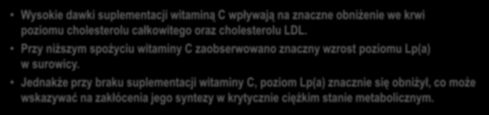 Cholesterol Lp(a) w surowicy mg/dl Witamina C wpływa na poziom lipidów i lipoprotein w osoczu Wysokie dawki suplementacji witaminą C wpływają na znaczne obniżenie we krwi poziomu cholesterolu