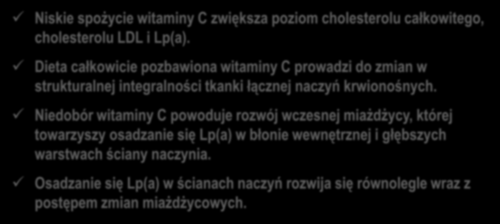 Podsumowanie Niskie spożycie witaminy C zwiększa poziom cholesterolu całkowitego, cholesterolu LDL i Lp(a).