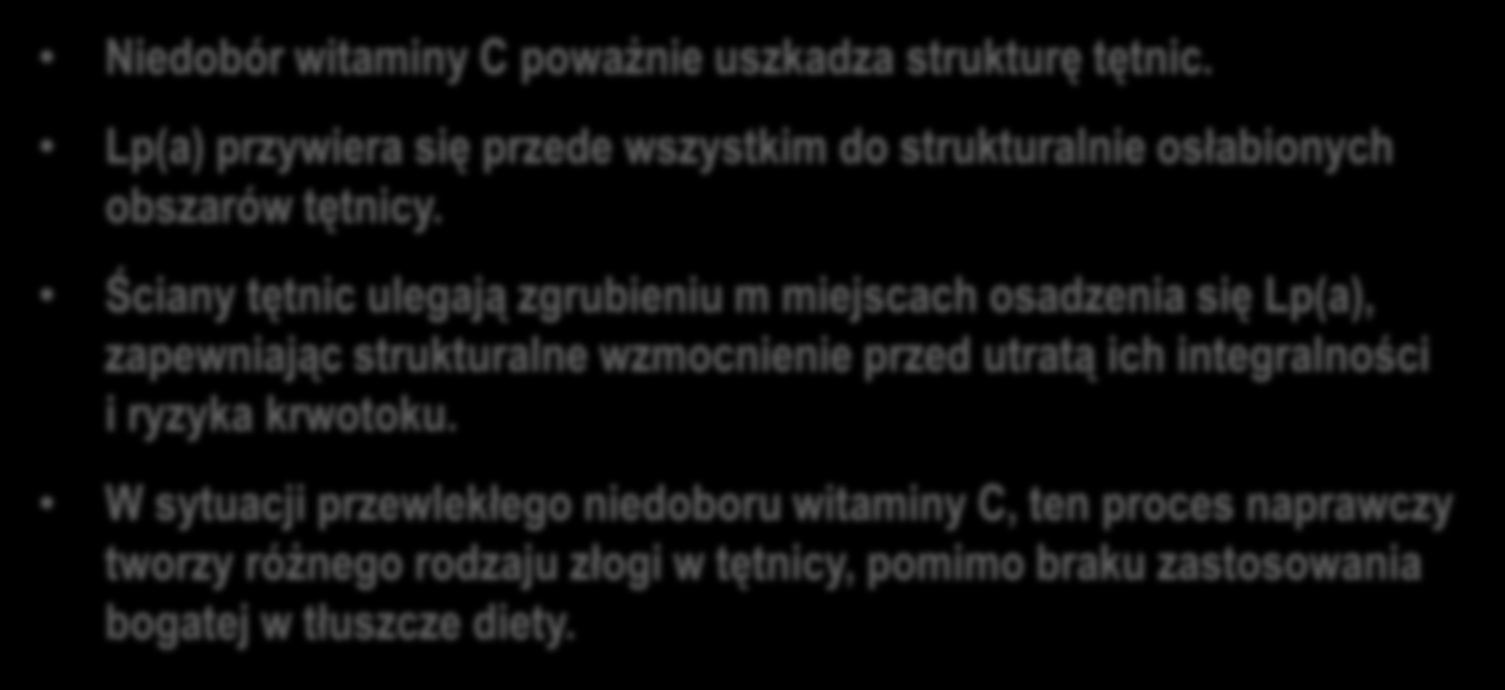 Wnioski Lipoproteina(a) jest mobilnym czynnikiem naprawy tętnic uszkodzonych w wyniku niedoboru witaminy C Niedobór witaminy C poważnie uszkadza strukturę tętnic.