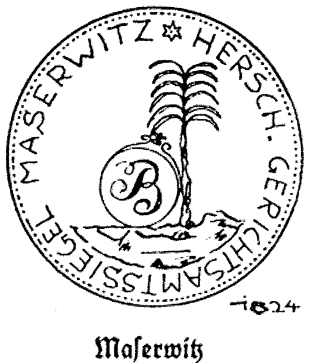 Zachowały się reprodukcje pieczęci dóbr Mazurowice. Pieczęć okrągła, z legendą otokową HERSCH.GERICHTSAMTSSIEGEL MASERWITZ rozpoczętą ażurową gwiazdką.